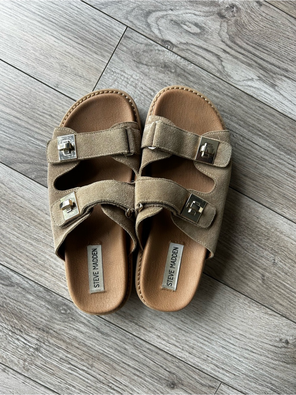 Steve Madden Taupe/Brown Double-Buckle Slide Sandals